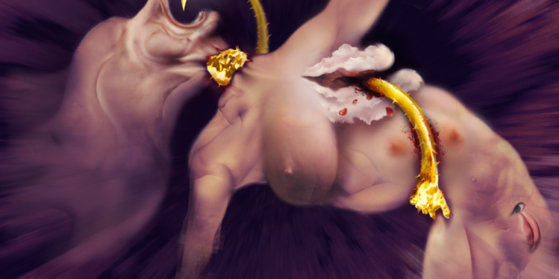 abstract image of an alien-like woman swallowing gold and diamond jewellery on a purple background.
