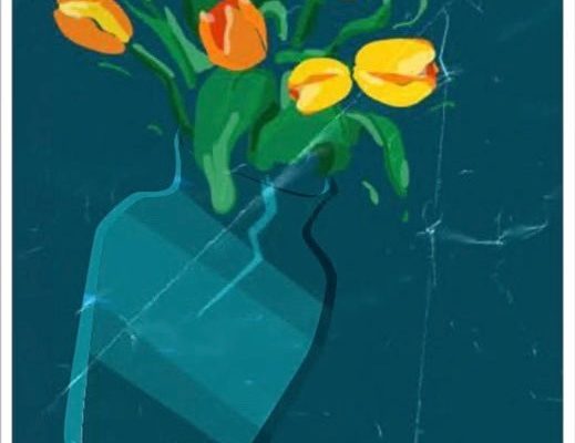 Yellow tulips in a blue vase