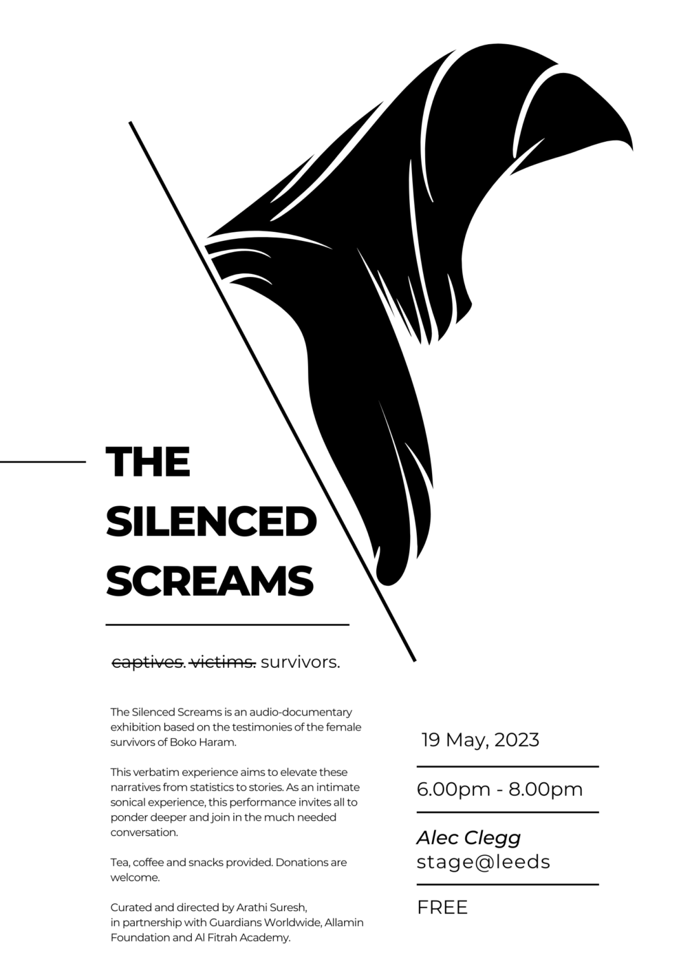 The Silenced Screams poster, monochromatic with a design of hair above the title and information