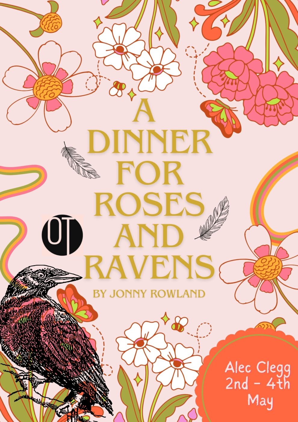 Poster containing show information, pink background with drawn flowers, butterflies and a raven
