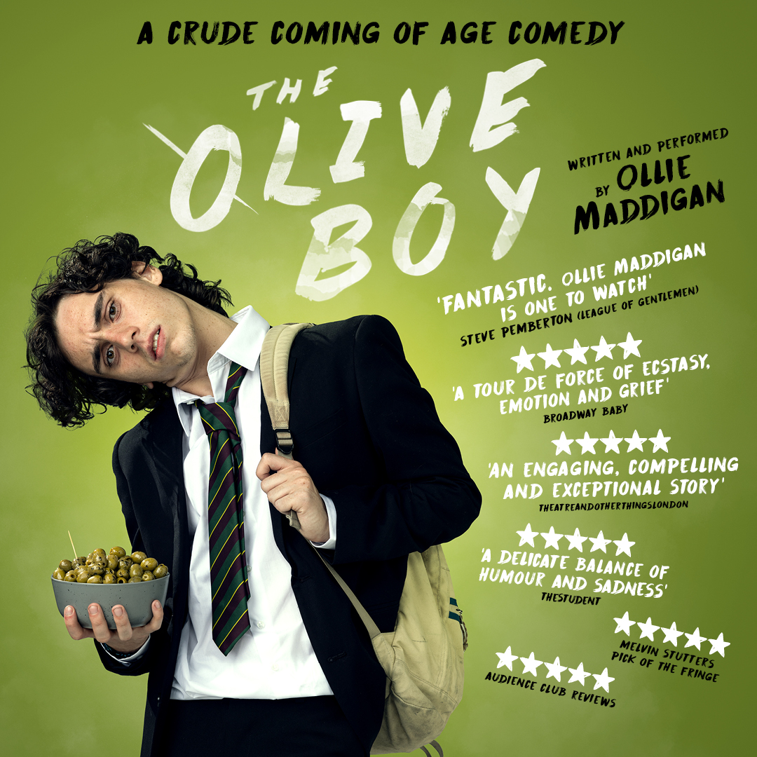 Olive boy head cocked to the side holding olives plus show information