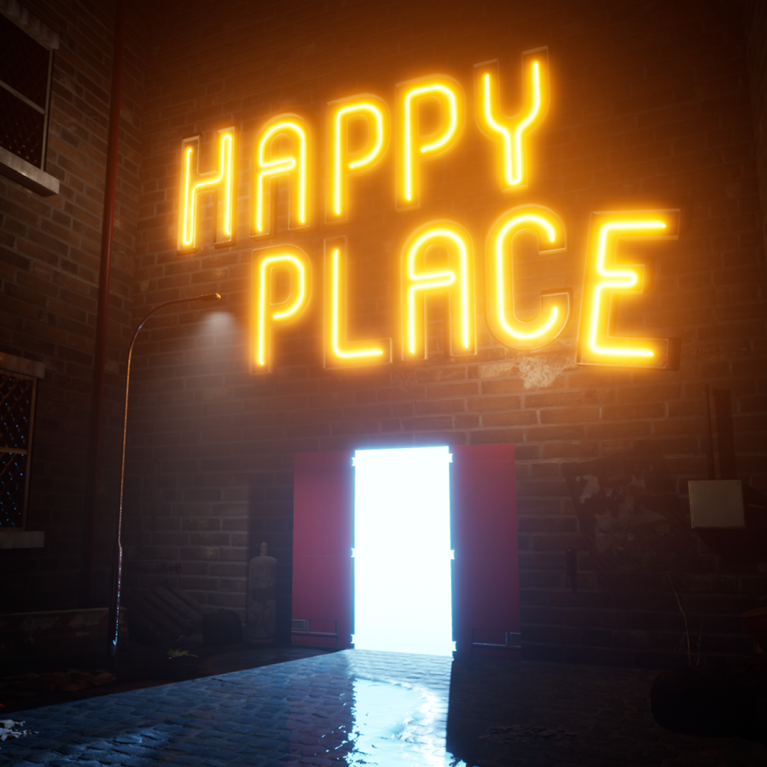 Happy Place promotional image, Happy Place in bright yellow neon above a warehouse door emitting a bright white almost heavenly glow.