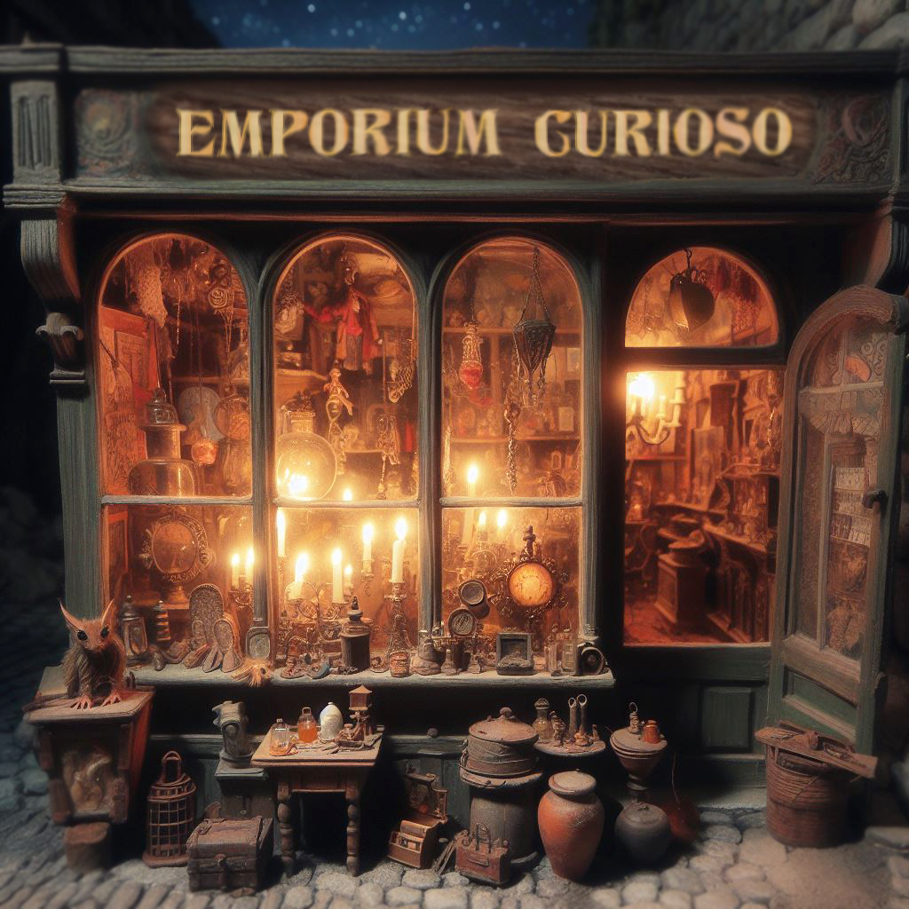 The Emporium Curioso trinket shop full of items and lights