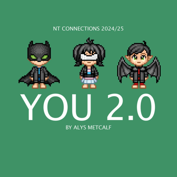 Three cartoon avatars stabd in a line. One looks like batman, a second wears VR glasses and a third has bat wings. Below them is writte YOU 2.0