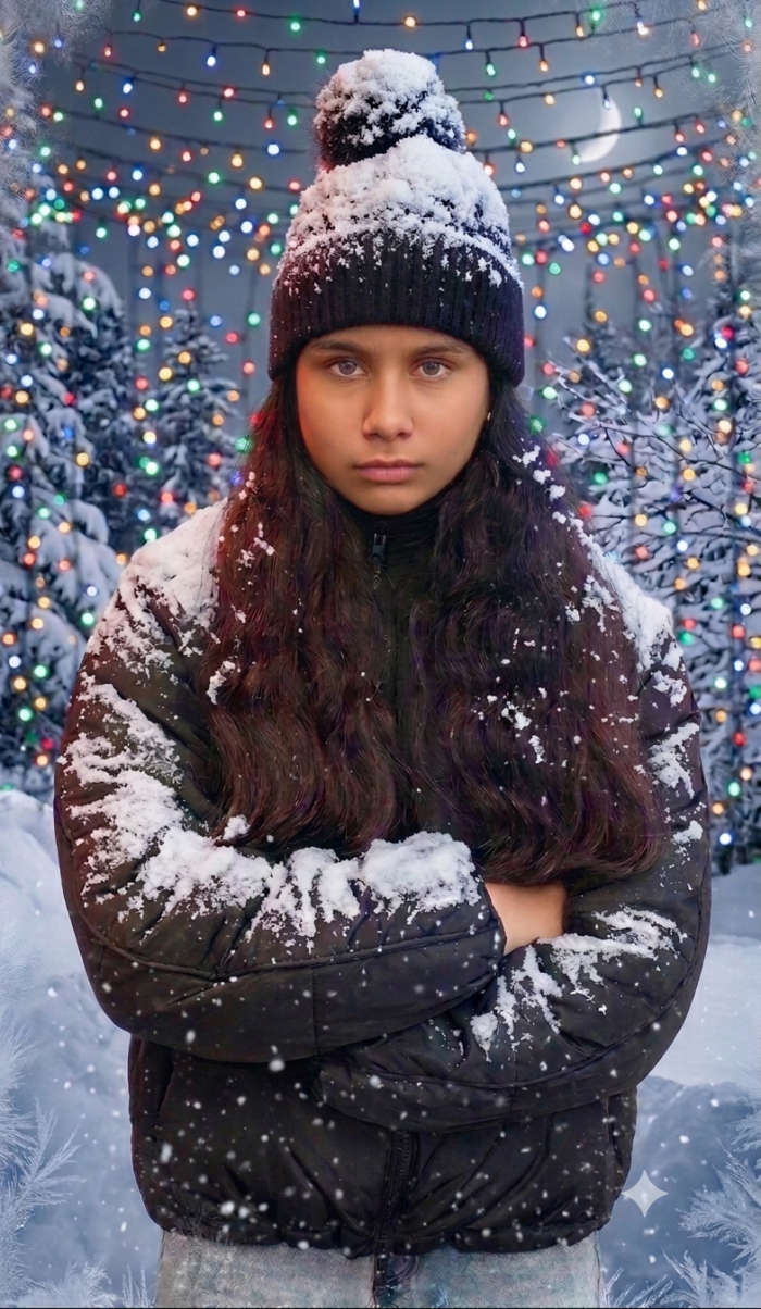 A young woman stands in the snow looking angry
